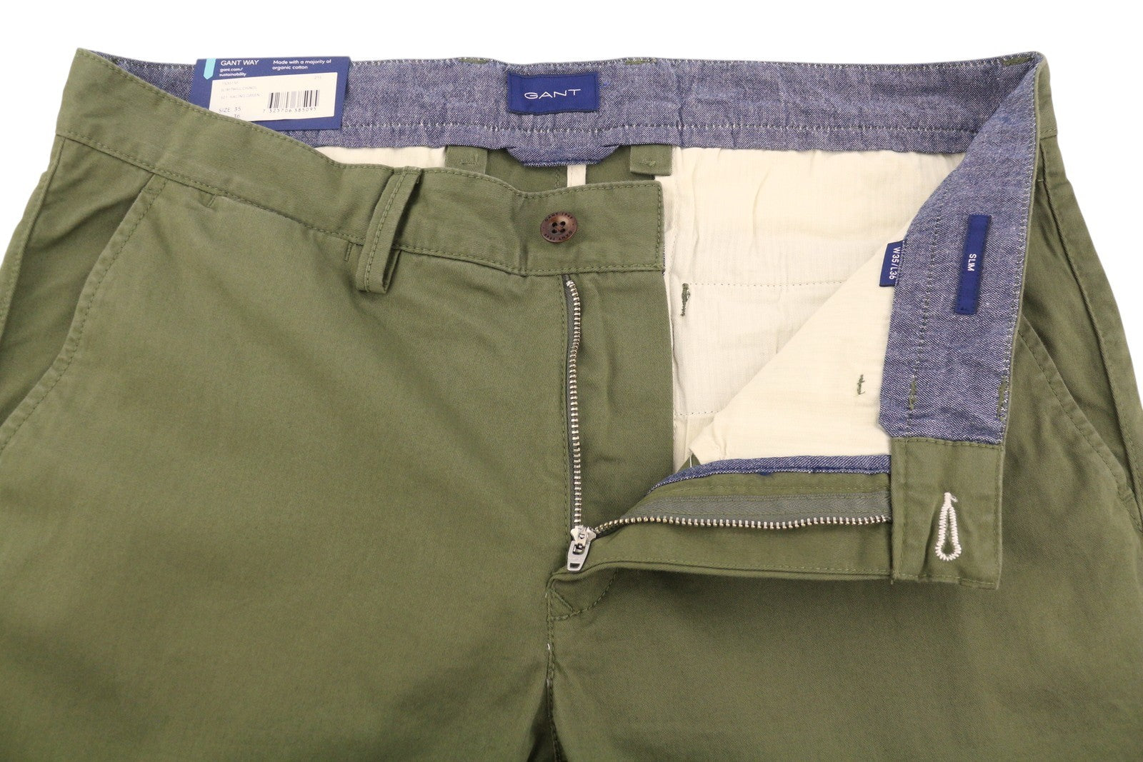 GANT Slim Twill Chinos Men Trousers W35/L36 Racing Green Casual Zip Fly Logo