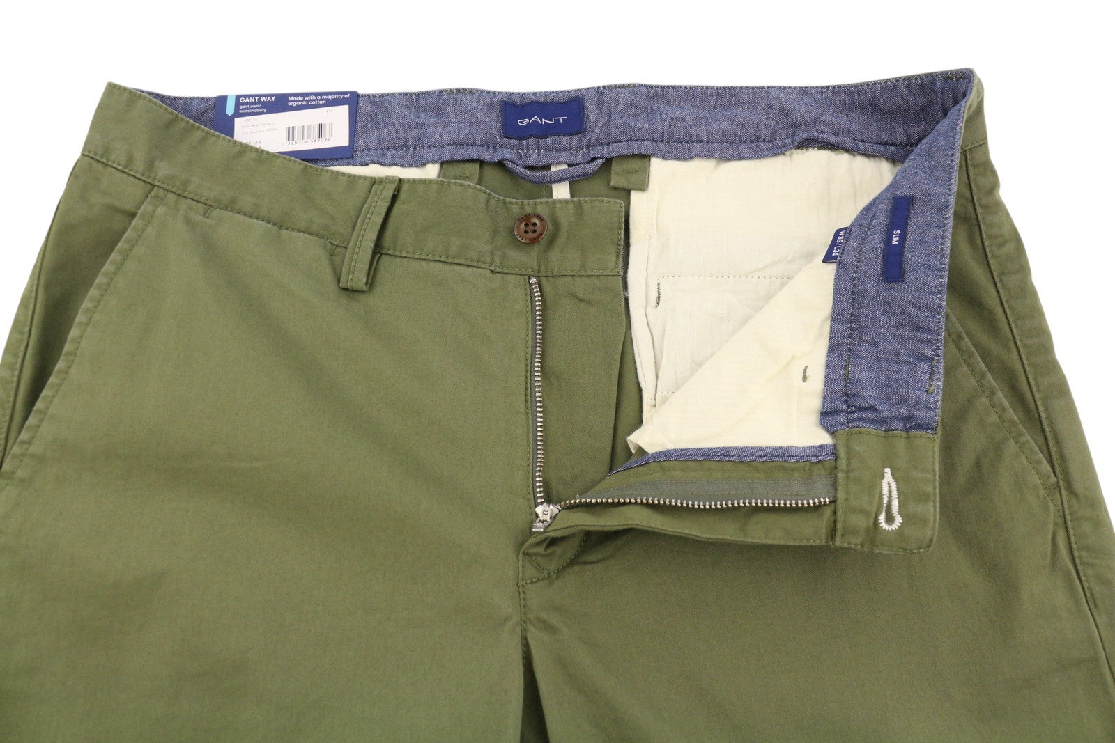 GANT Slim Twill Chinos vyriškos kelnės W35/L34 žalios laisvalaikio stiliaus su užtrauktuku ir logotipu 