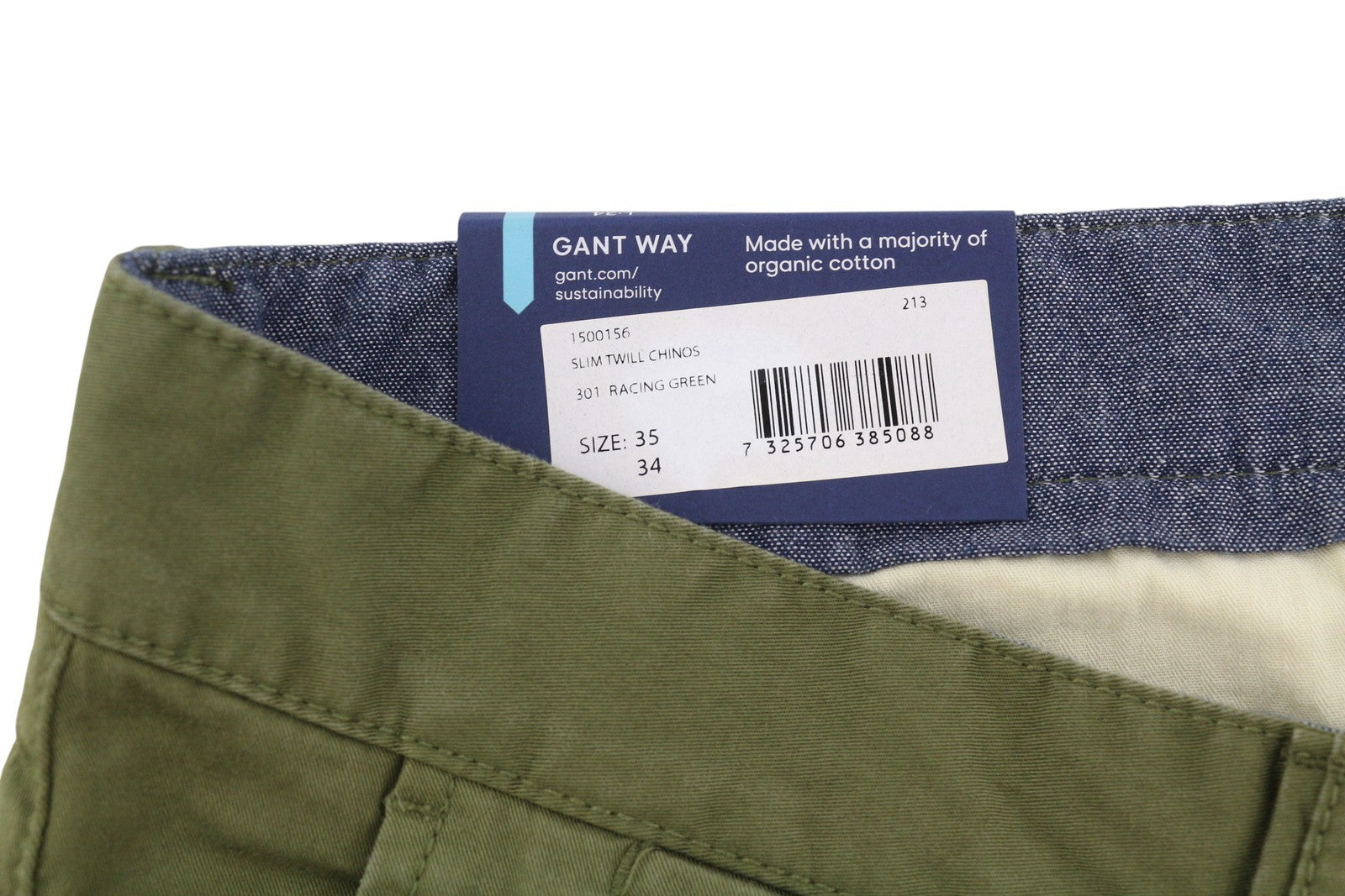 GANT Slim Twill Chinos vyriškos kelnės W35/L34 žalios laisvalaikio stiliaus su užtrauktuku ir logotipu 