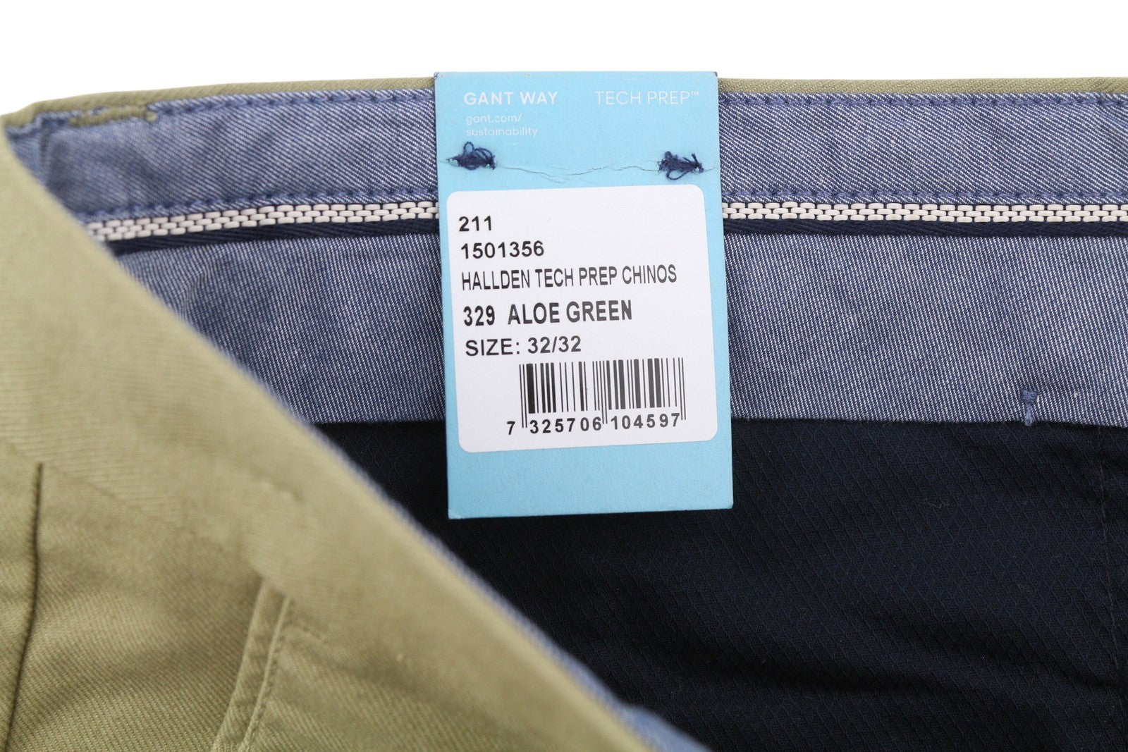 GANT Hallden Tech Prep Chino Men Trousers W32/L32 Aloe Green Slim Fit Zip Fly