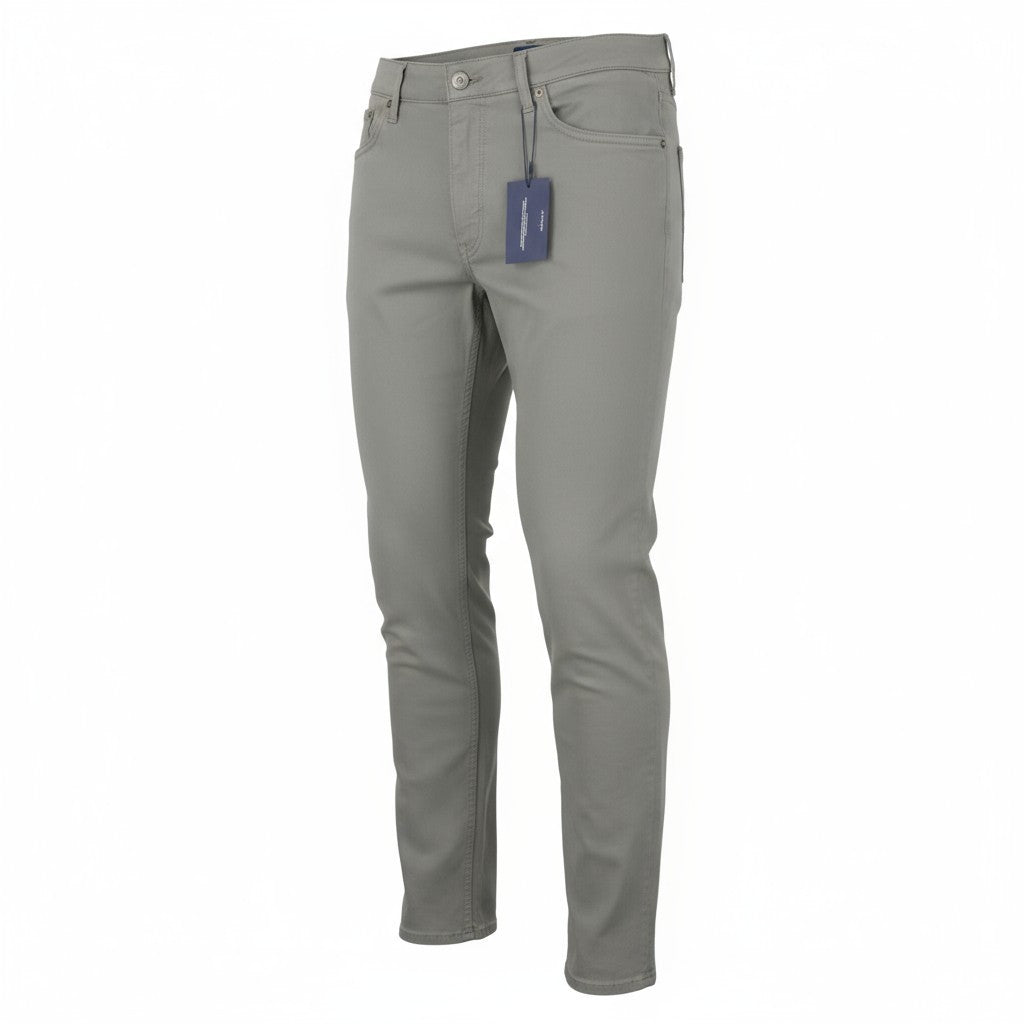 GANT Maxen satininės vyriškos kelnės W35/L36 plieno pilkos, ypač plonos, su užtrauktuku ir laisvalaikio stiliaus.