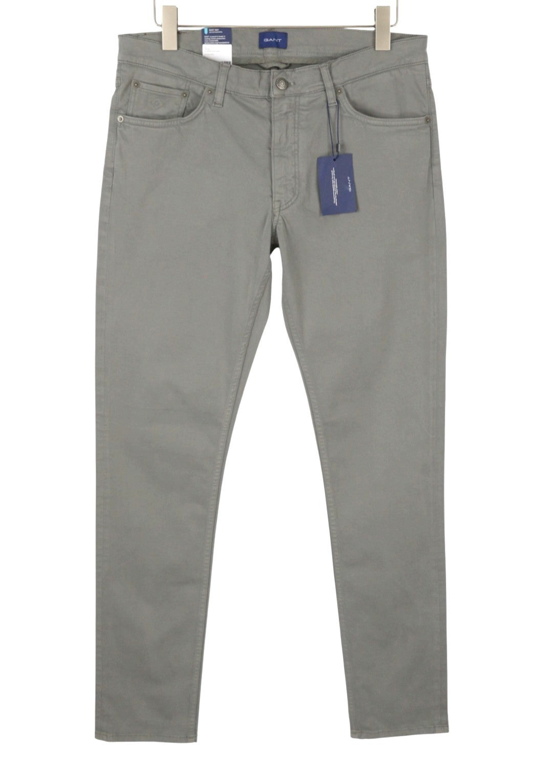 GANT Maxen satininės vyriškos kelnės W35/L36 plieno pilkos, ypač plonos, su užtrauktuku ir laisvalaikio stiliaus.