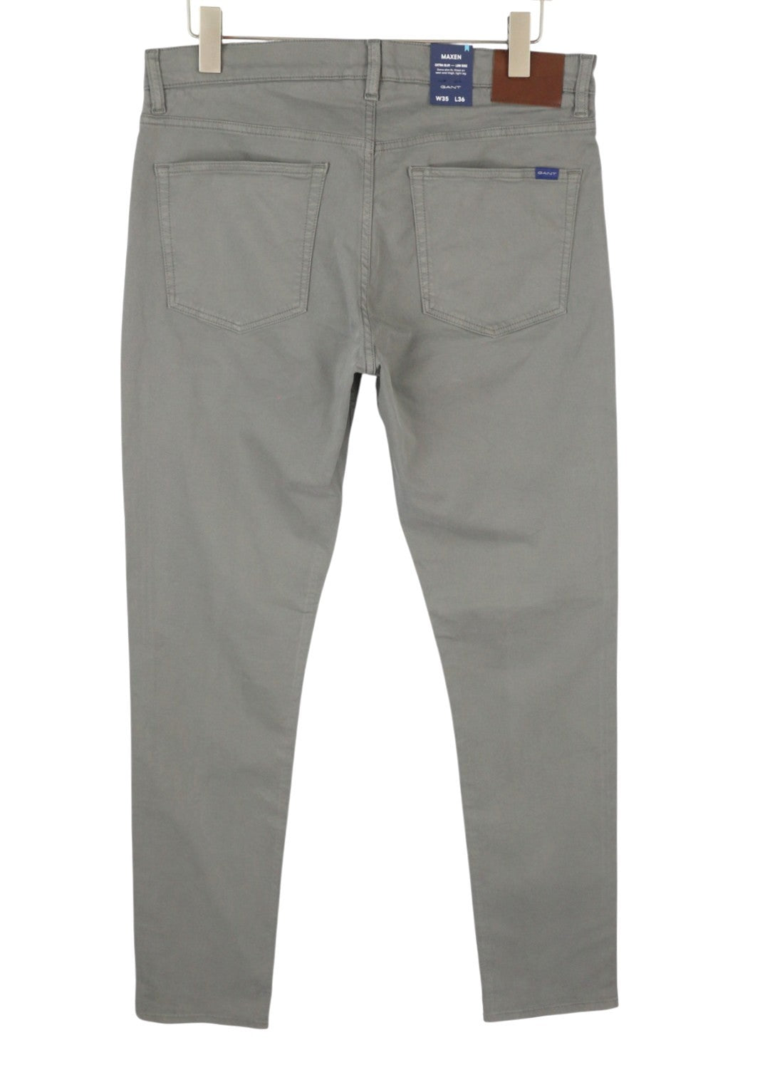 GANT Maxen satininės vyriškos kelnės W35/L36 plieno pilkos, ypač plonos, su užtrauktuku ir laisvalaikio stiliaus.