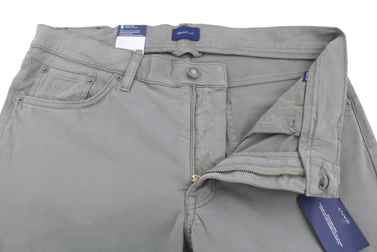 GANT Maxen satininės vyriškos kelnės W35/L36 plieno pilkos, ypač plonos, su užtrauktuku ir laisvalaikio stiliaus.