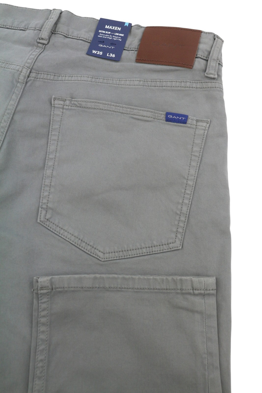 GANT Maxen satininės vyriškos kelnės W35/L36 plieno pilkos, ypač plonos, su užtrauktuku ir laisvalaikio stiliaus.