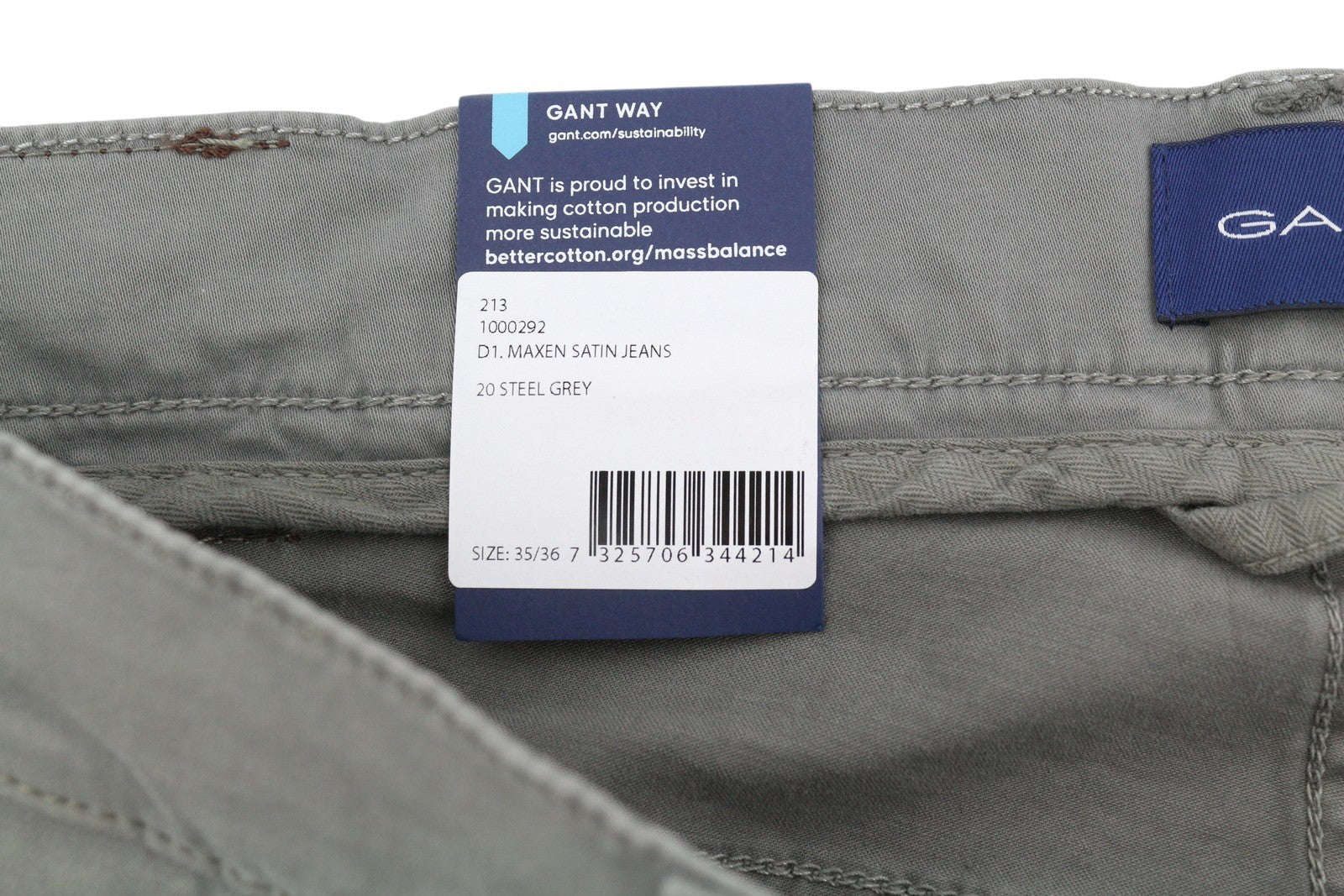 GANT Maxen satininės vyriškos kelnės W35/L36 plieno pilkos, ypač plonos, su užtrauktuku ir laisvalaikio stiliaus.