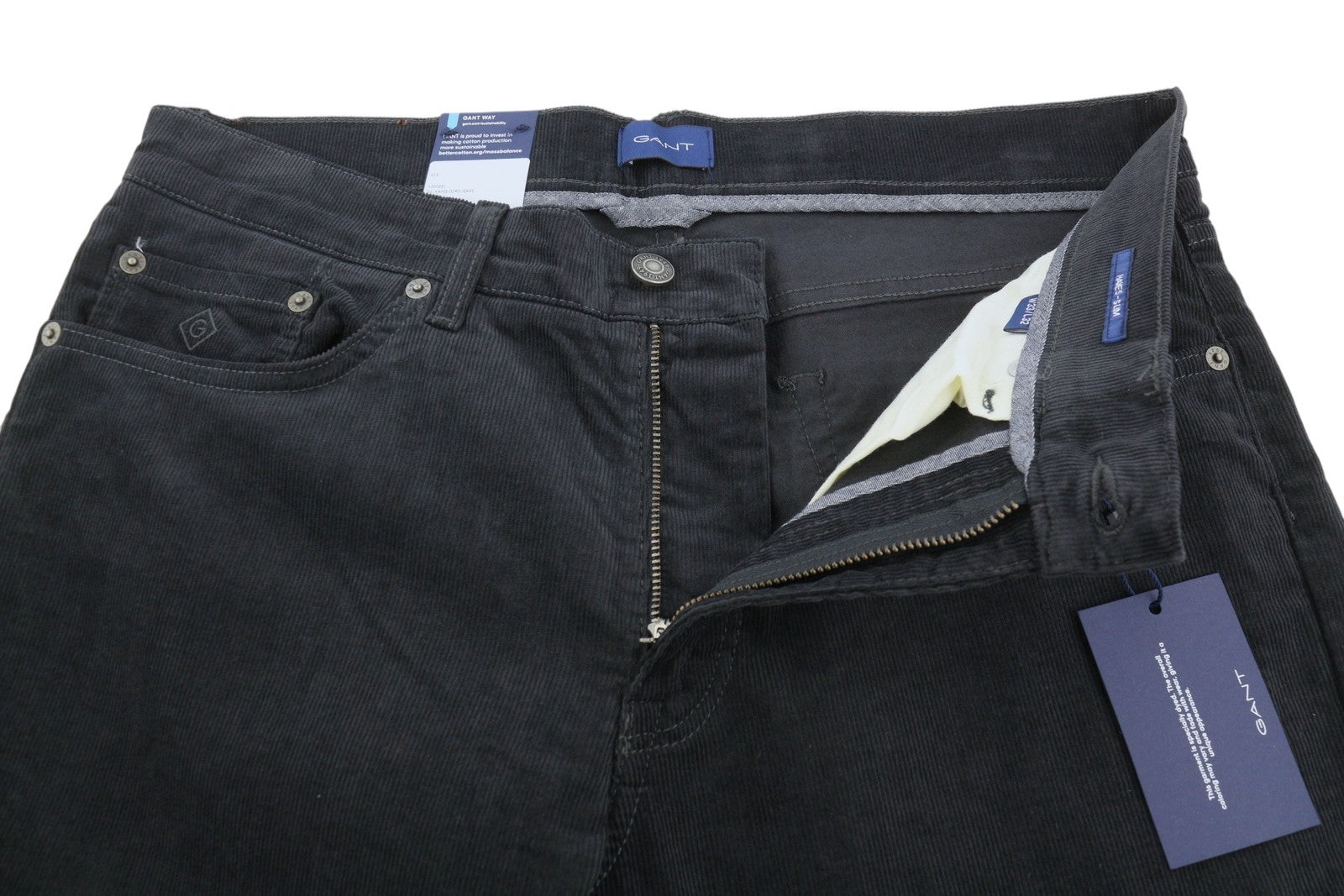 GANT Hayes Cord Men Trousers W33/L32 Antracite Corduroy Slim Fit Black Zip Fly
