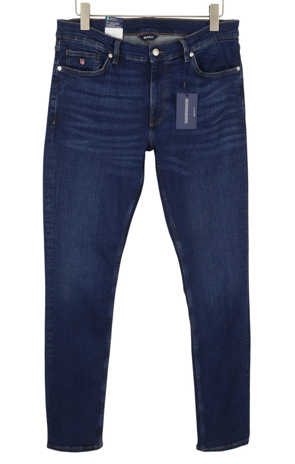 GANT Maxen Retro Shield vyriški džinsai W34/L36 tamsiai mėlyni ūsuoti, aptempti 