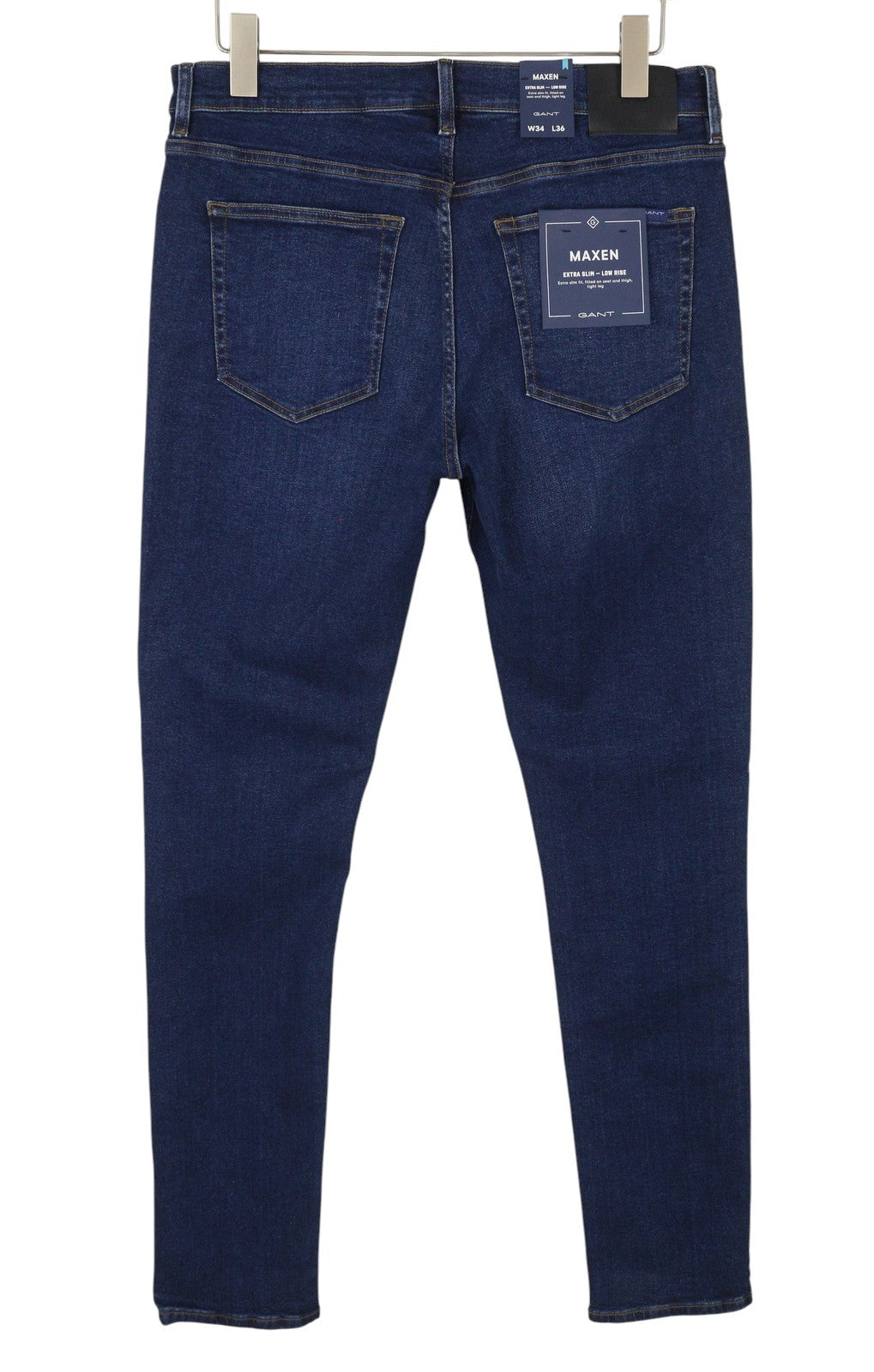 GANT Maxen Retro Shield vyriški džinsai W34/L36 tamsiai mėlyni ūsuoti, aptempti 