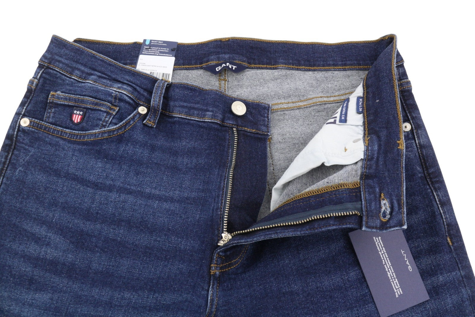 GANT Maxen Retro Shield vyriški džinsai W34/L36 tamsiai mėlyni ūsuoti, aptempti 