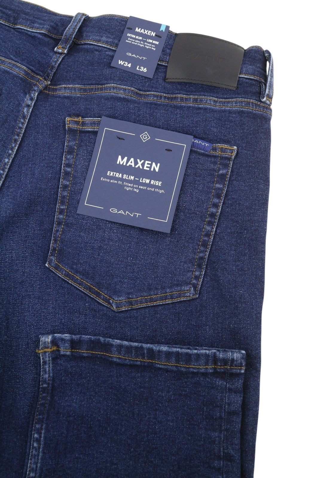 GANT Maxen Retro Shield vyriški džinsai W34/L36 tamsiai mėlyni ūsuoti, aptempti 