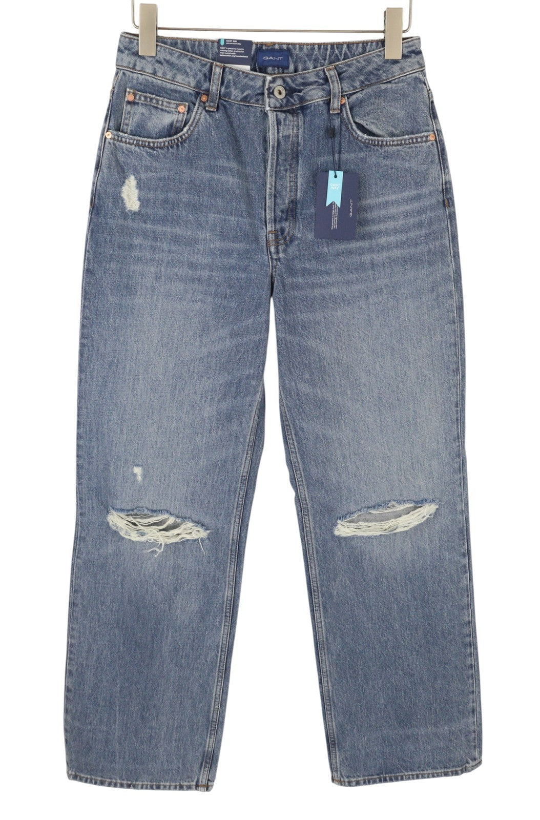 GANT HW Relaxed Straight Rip Women Jeans W30 Mid Blue Vintage Faded Distress