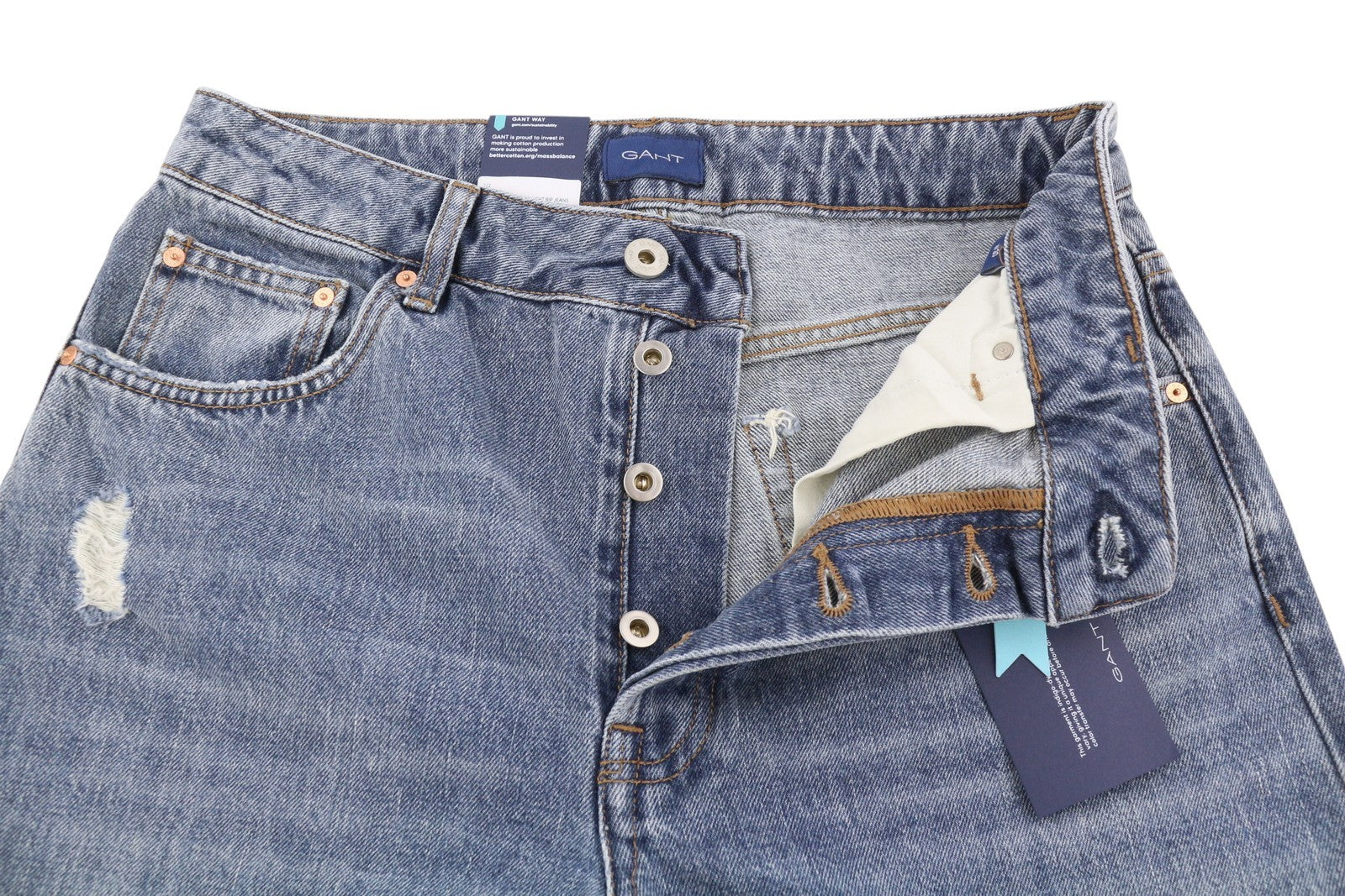 GANT HW Relaxed Straight Rip Women Jeans W30 Mid Blue Vintage Faded Distress