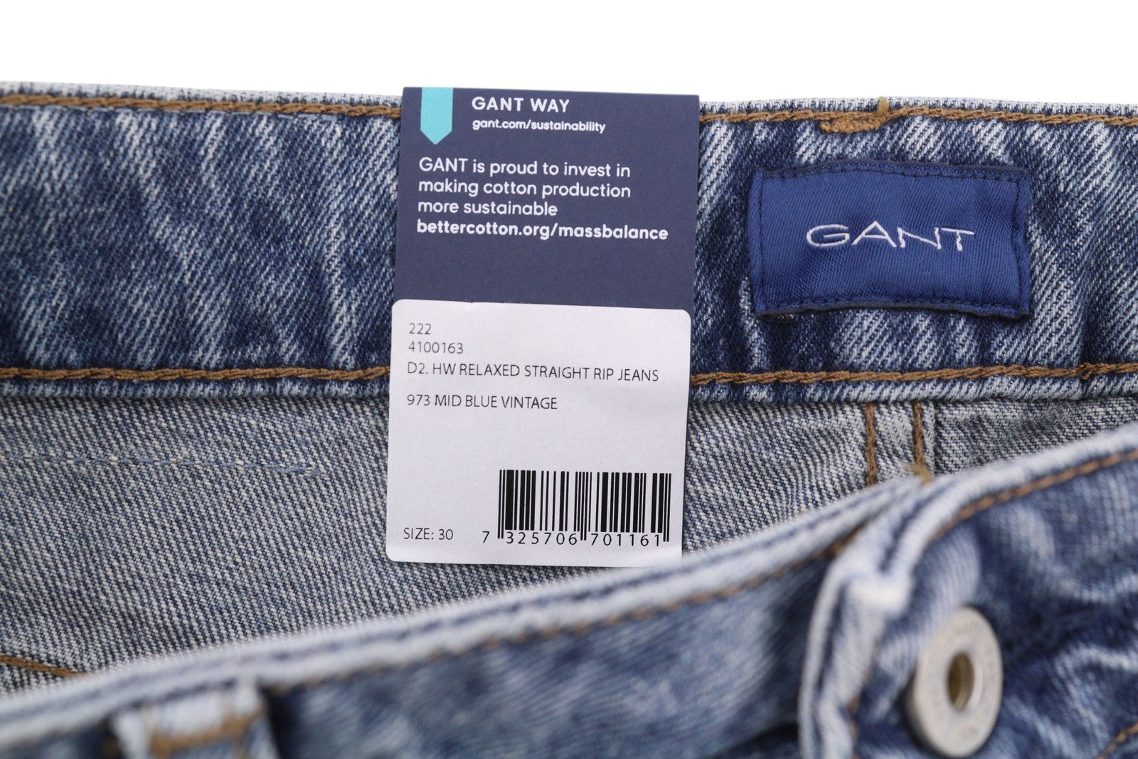 GANT HW Relaxed Straight Rip Women Jeans W30 Mid Blue Vintage Faded Distress
