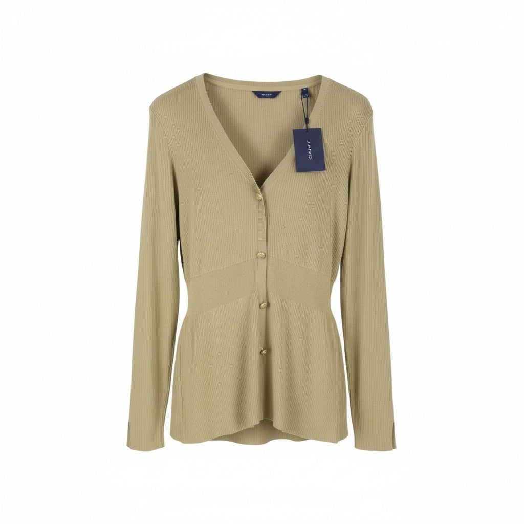 GANT Rib Cardigan Top Women Megztinis XL Auksinis Sagomis Užsegamas Tvirtas Megztinis Tamprus Logotipas 