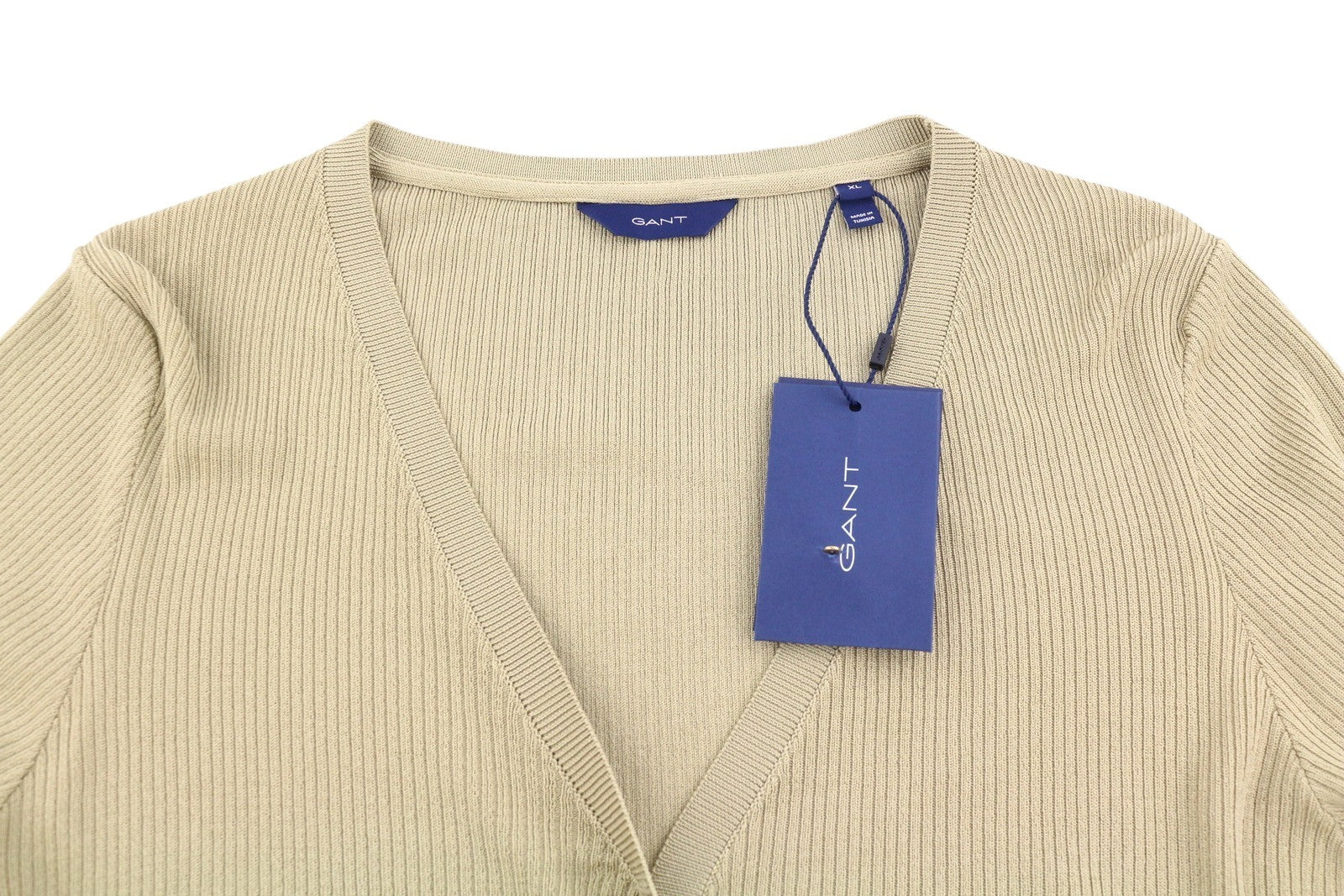 GANT Rib Cardigan Top Women Jumper XL Gold Button-Up Tight-Knit Stretch Logo