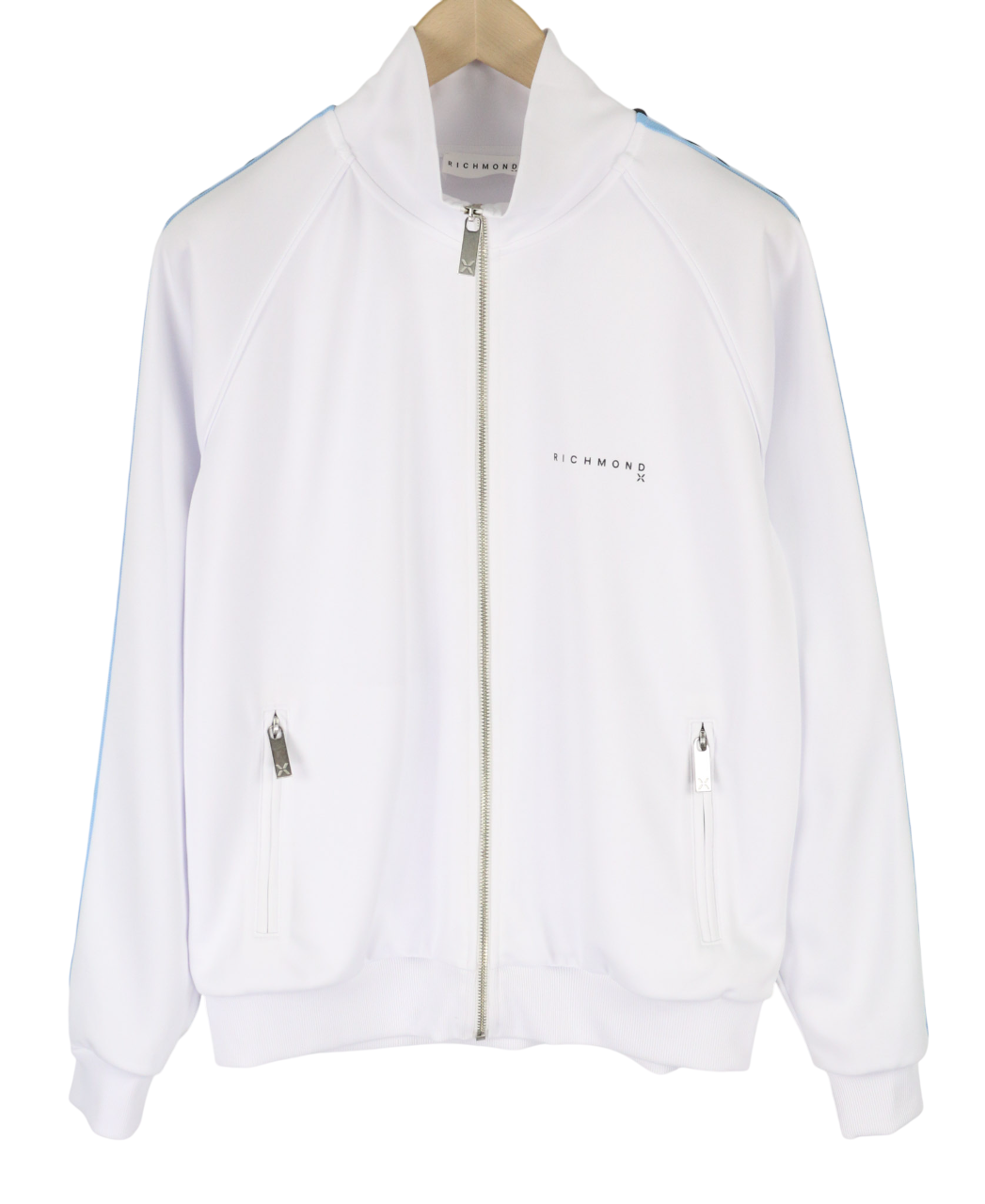 RICHMOND vyriškas sportinis kostiumas M, baltas, dviejų dalių, su užtraukiamais užtrauktukais, logotipu ir elastingu juosmeniu. 
