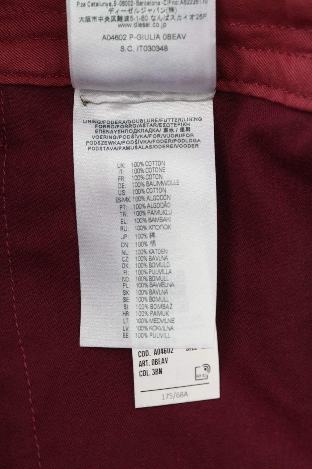 DIESEL P-Giulia moteriškos kelnės W26 Burgundijos spalvos lininės krovininės laisvalaikio stiliaus kelnės, RRP300 