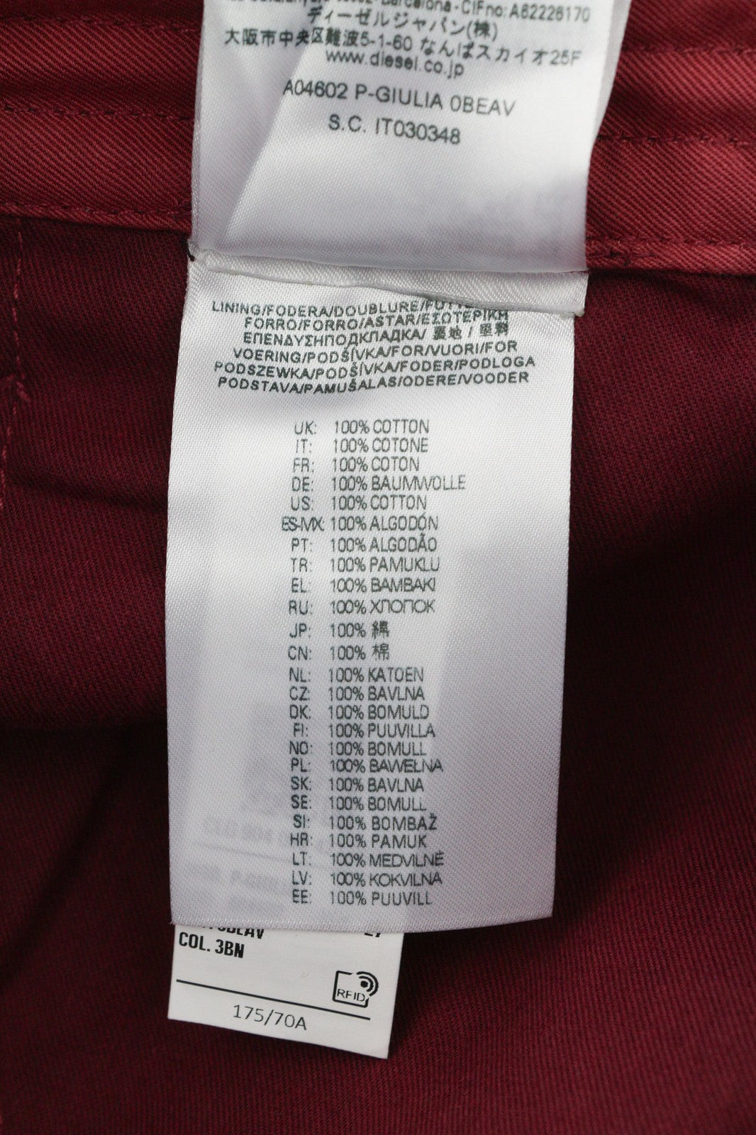 DIESEL P-Giulia moteriškos kelnės W27 bordo spalvos lino mišinio su krovininėmis kišenėmis, RRP 300 