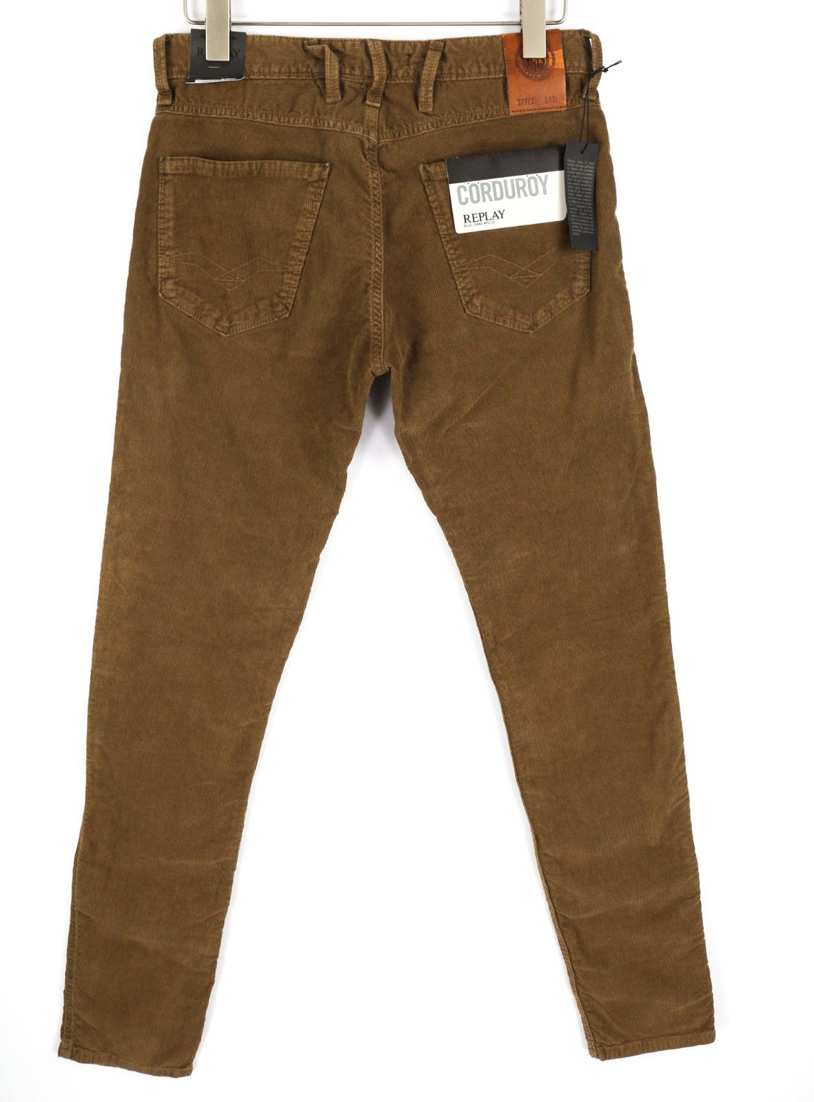 REPLAY Anbass Men's Trousers W30/L34 Brown Corduroy Slim Stretch Zip Fly Logo