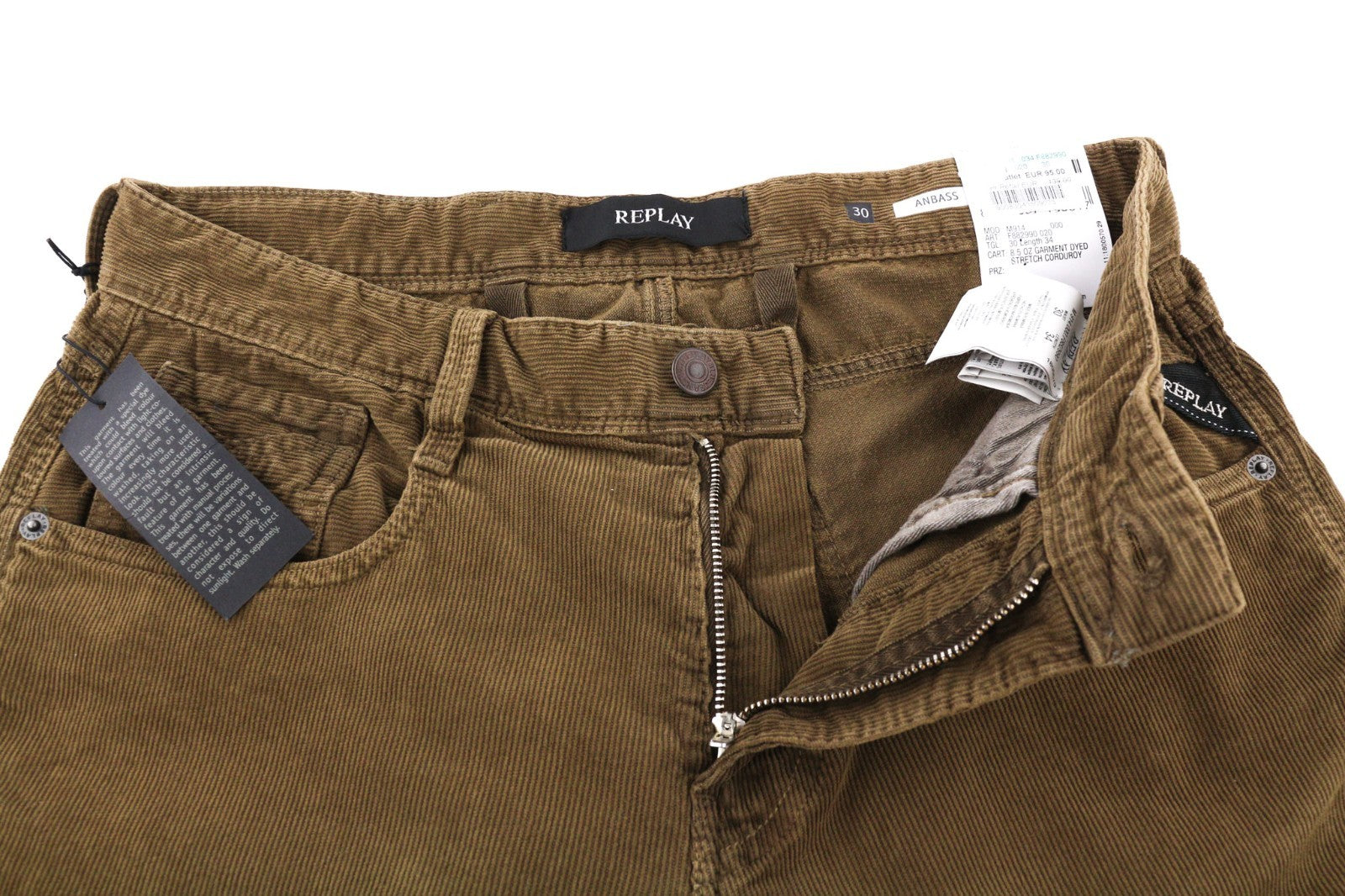 REPLAY Anbass Men's Trousers W30/L34 Brown Corduroy Slim Stretch Zip Fly Logo
