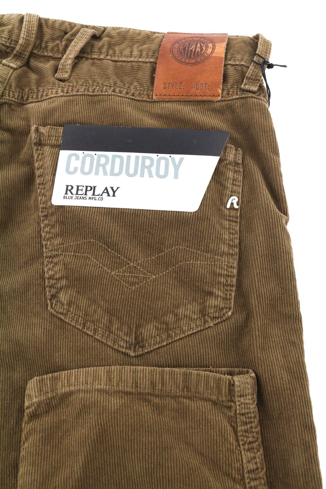 REPLAY Anbass Men's Trousers W30/L34 Brown Corduroy Slim Stretch Zip Fly Logo