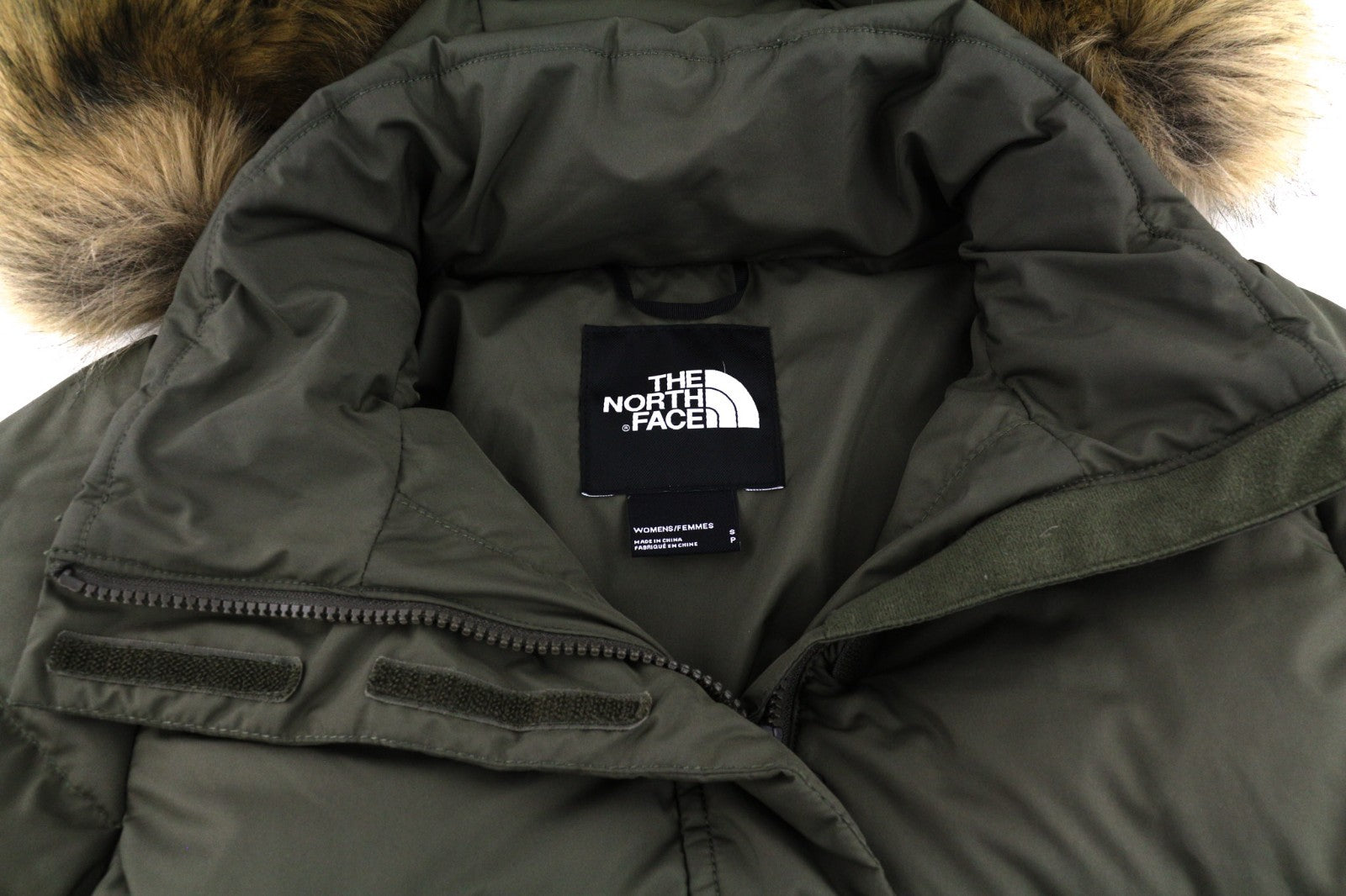 THE NORTH FACE Gotham moteriška striukė S Khaki 550 pūkinė su gobtuvu ir dygsniuota 