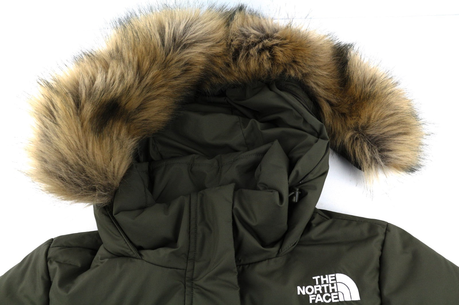 THE NORTH FACE Gotham moteriška striukė S Khaki 550 pūkinė su gobtuvu ir dygsniuota 