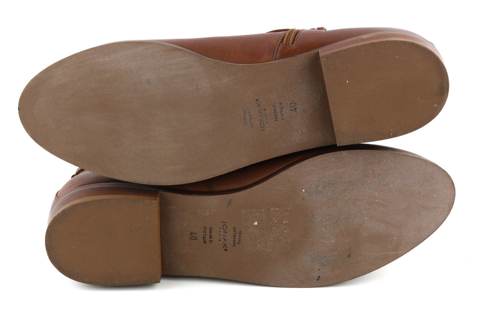 JONAK moteriški aulinukai UK7.5 EU40 rudi odiniai migdolų formos nosys su užtrauktuku ant kulkšnies su logotipu 