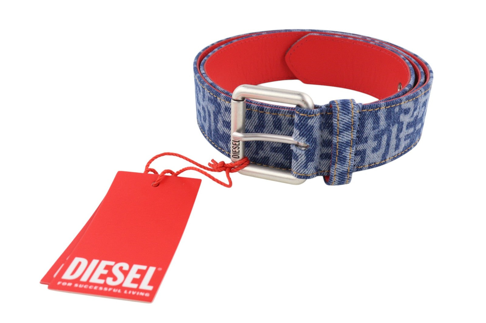 DIESEL B-Monogram vyriškas diržas, 105 cm, mėlynos odos, džinsinis, su logotipo raštu, su sagtimi (RRP150) 