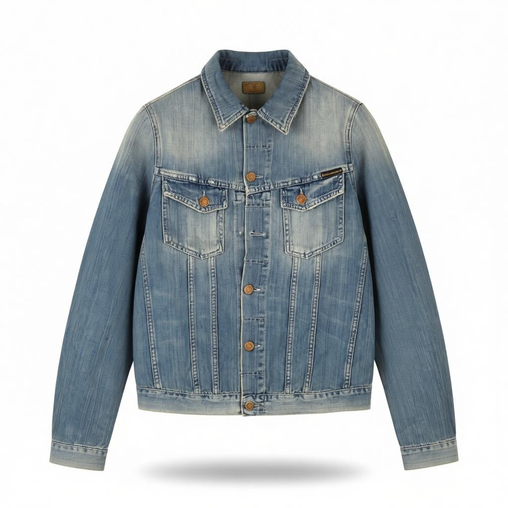 NUDIE JEANS Billy Men's Jacket S Light Shades Washed Buttoned Polo Logo Denim