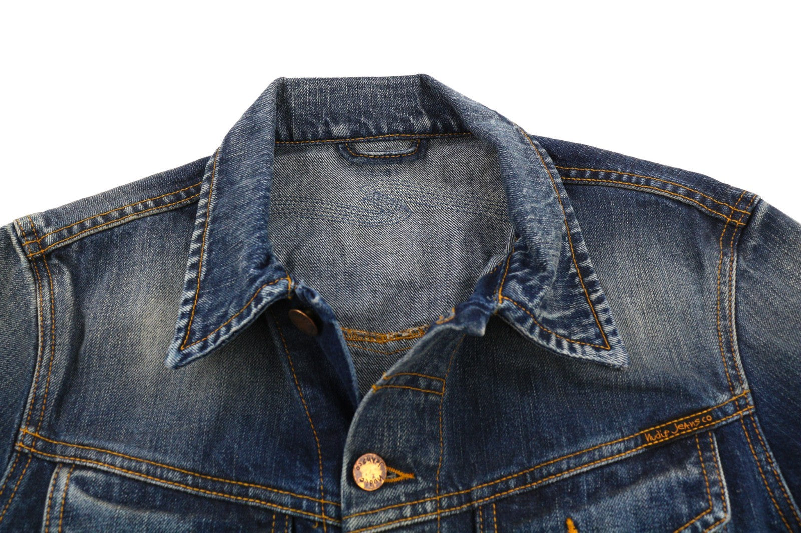 NUDIE JEANS Conny vyriška striukė S dydžio, ekologiška, su sagomis užsegama polo marškinėliais, skalbto džinso spalvos