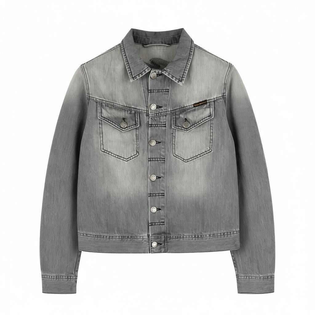 NUDIE JEANS Conny vyriška striukė S su saulės balinta juoda spalva, pilka polo marškinėliai su sagomis 