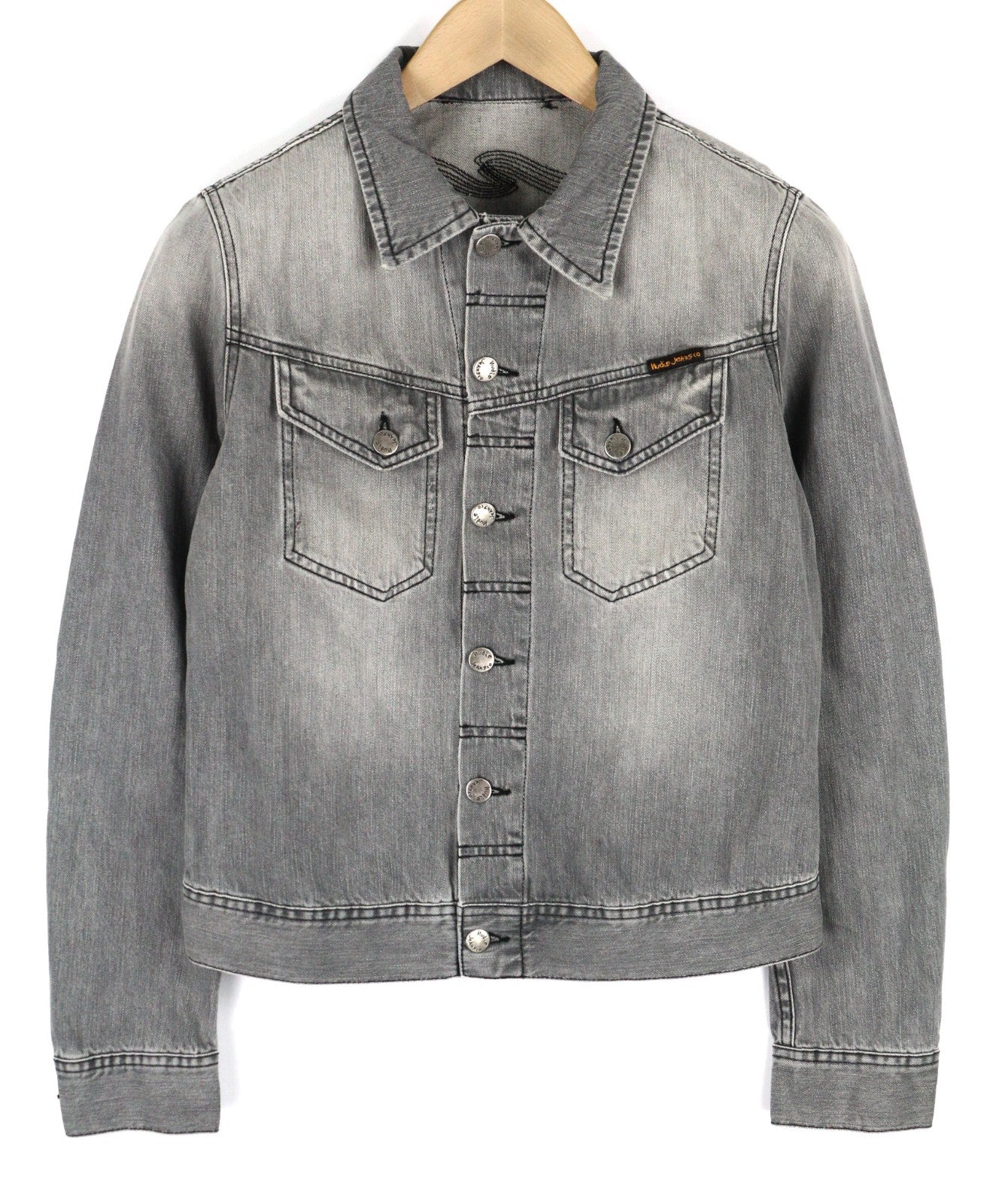 NUDIE JEANS Conny vyriška striukė S su saulės balinta juoda pilka skalbta polo marškinėliai su sagomis 