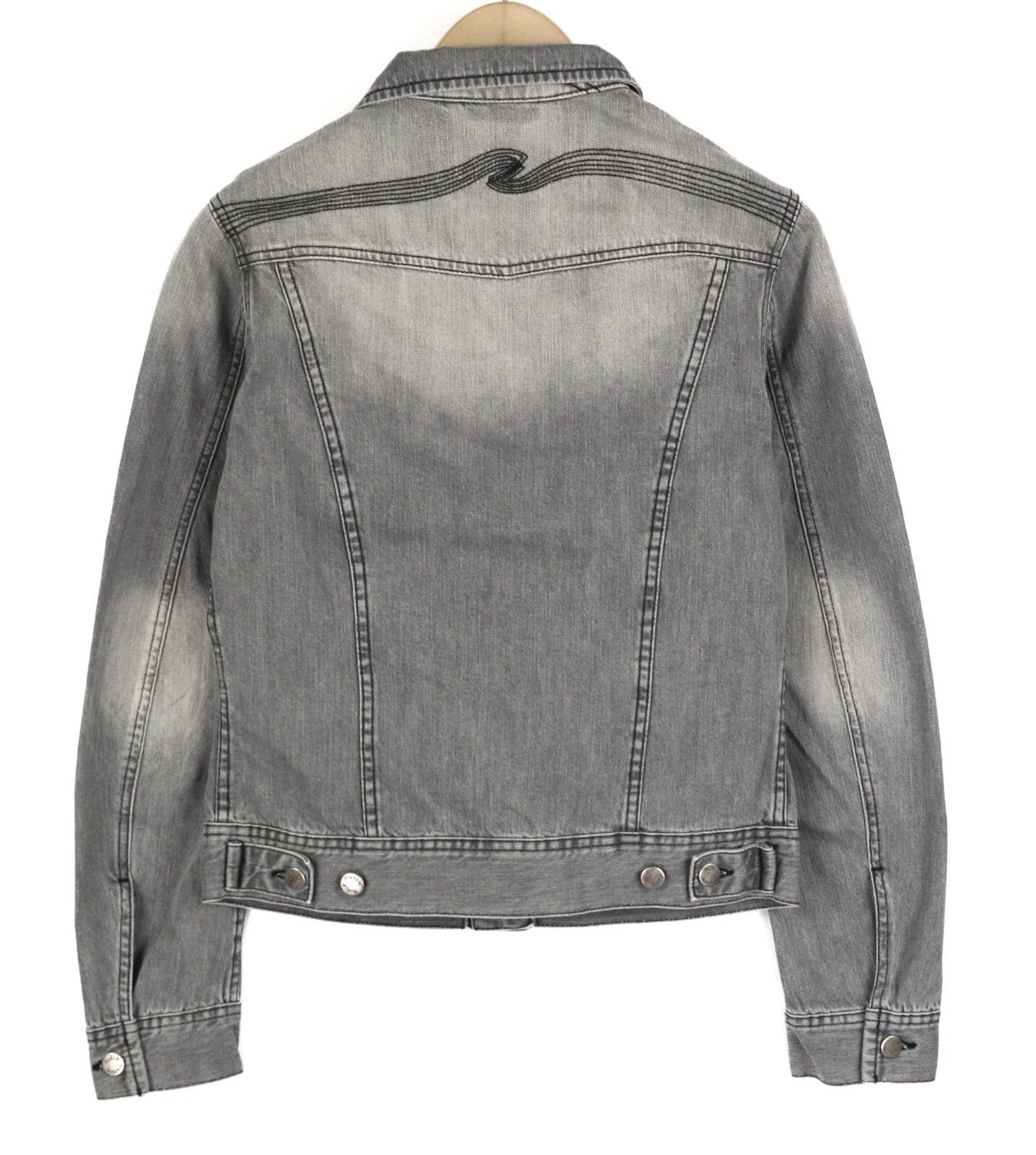 NUDIE JEANS Conny vyriška striukė S su saulės išblukinta juoda polo marškinėliai su sagomis, balta pilka 