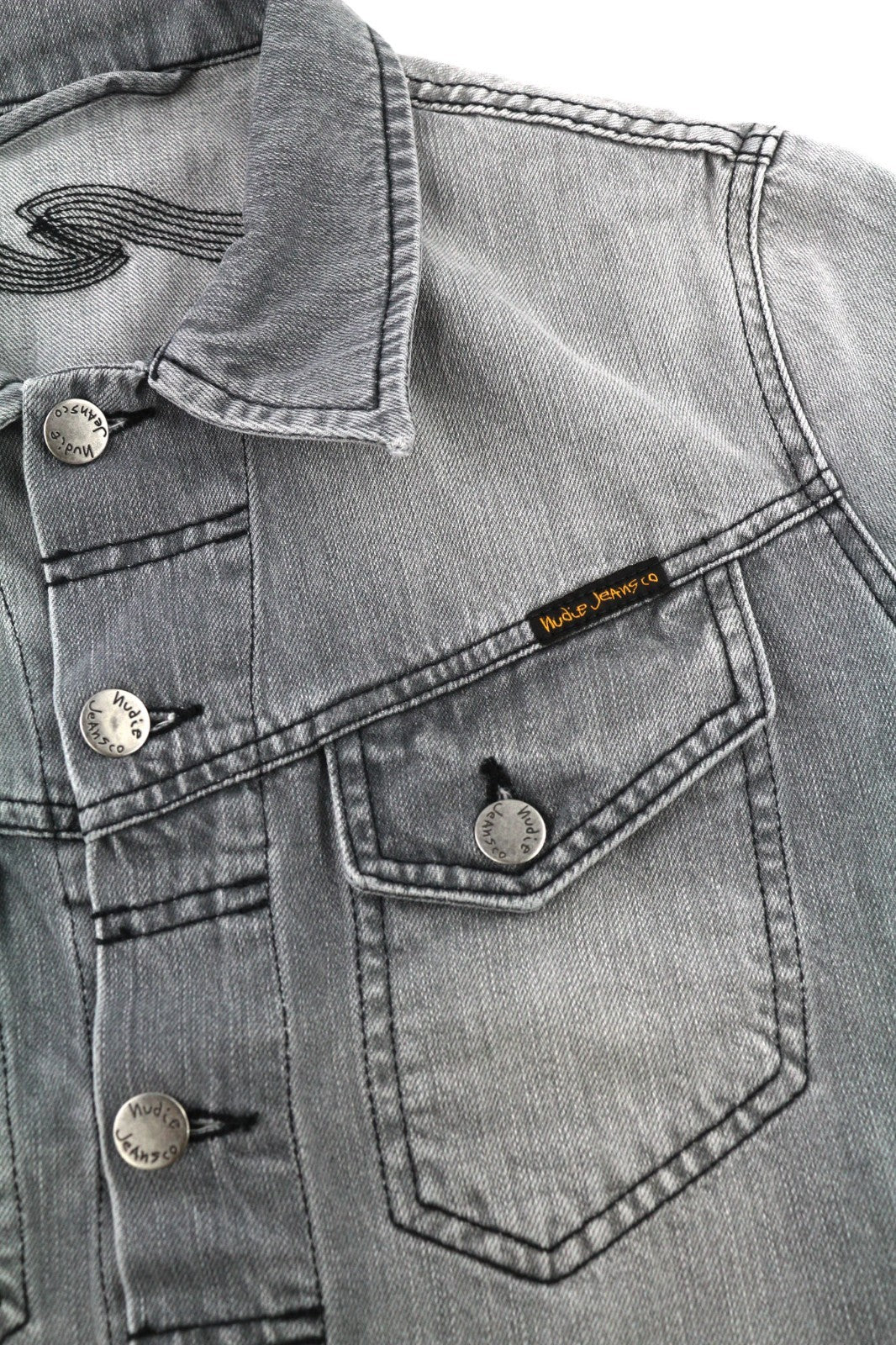 NUDIE JEANS Conny Men's Jacket S Sunbleached Black Button Faded Grey Denim