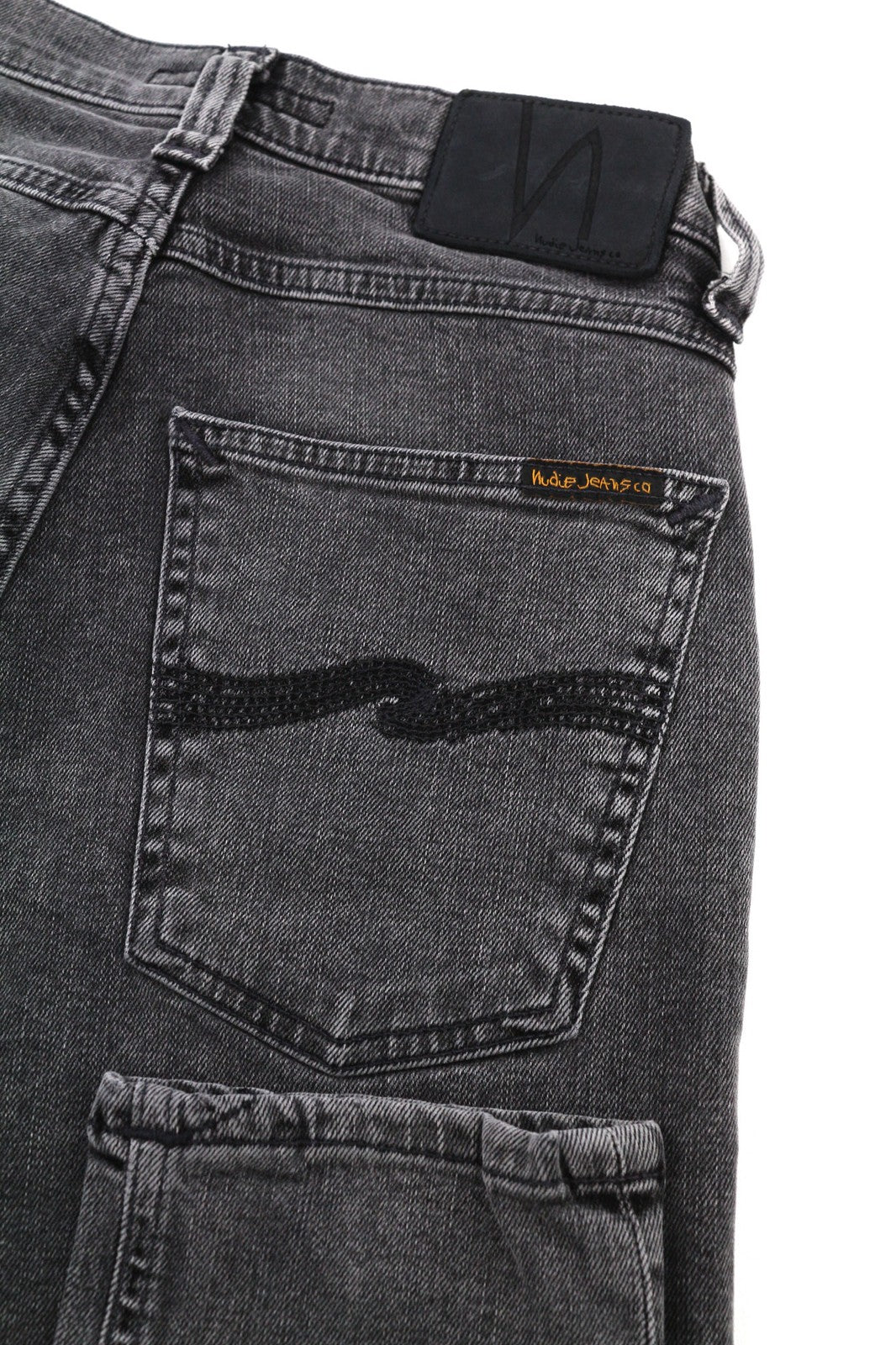 NUDIE JEANS Pipe Led vyriški džinsai W28/L32 pilko marmuro, ploni, skalbto džinso rašto. 