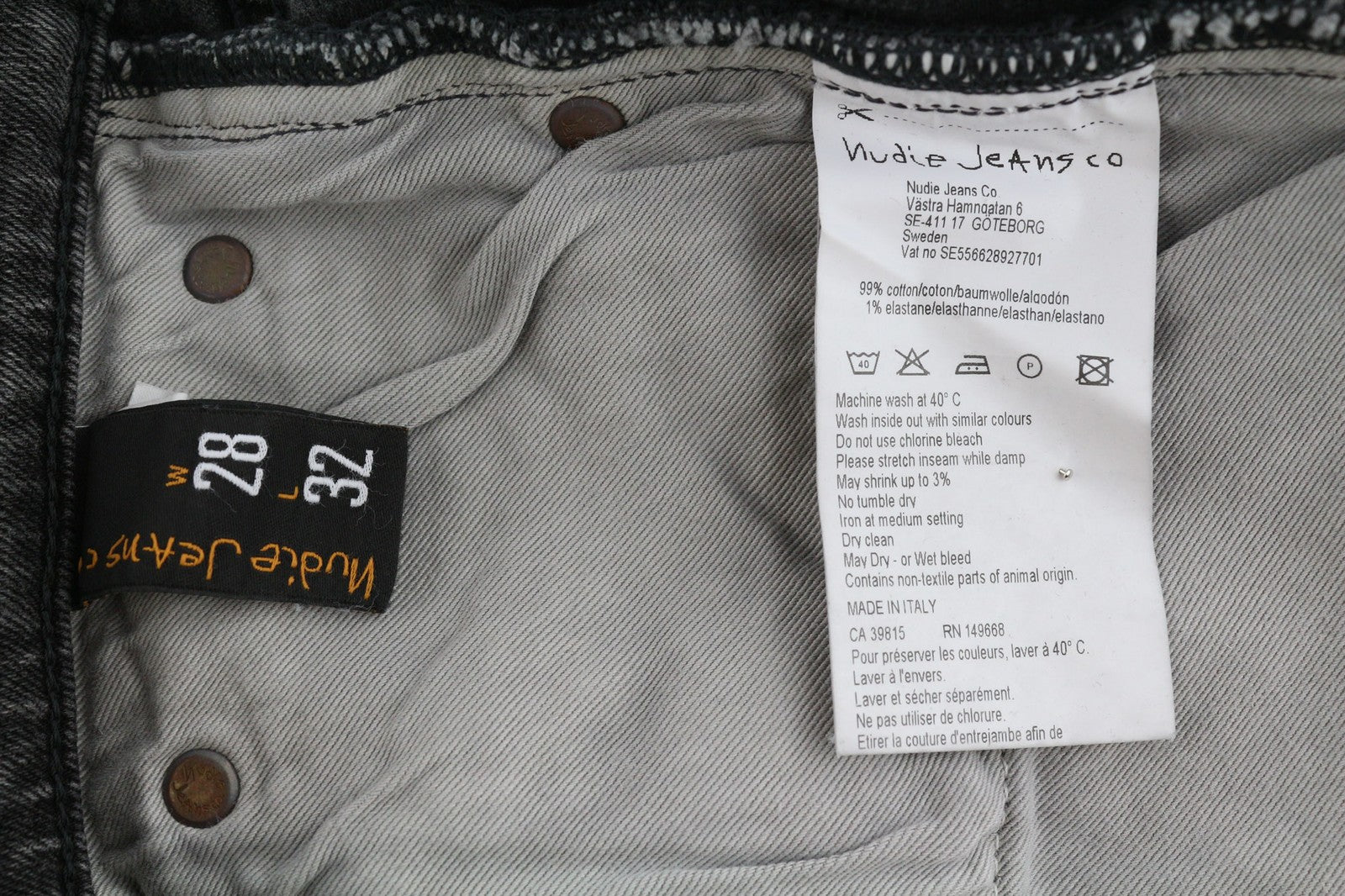 NUDIE JEANS Pipe Led vyriški džinsai W28/L32 pilko marmuro, ploni, skalbto džinso rašto. 