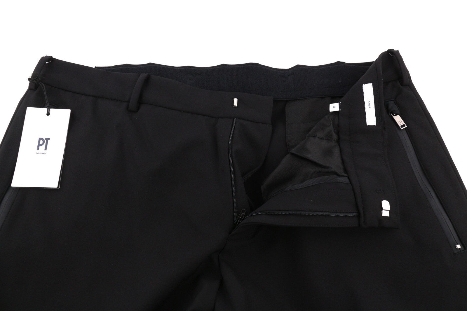 PT TORINO Lamda vyriškos kelnės 58 W38 juodos chino stiliaus, liekno kirpimo, nebaigtu apvadu 