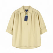 GANT Lux Poplin Popover moteriška palaidinė EU46 dykumos smėlio spalvos V formos iškirpte, 3/4 rankovėmis 