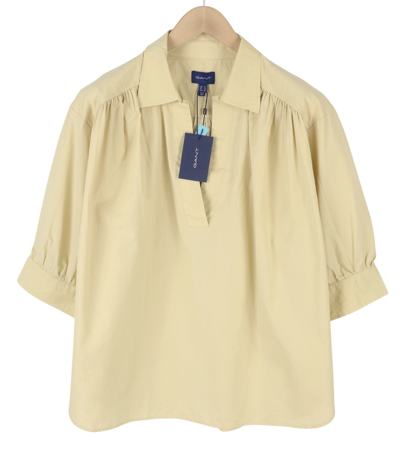 GANT Lux Poplin Popover Women Blouse EU46 Desert Beige V-Neck 3/4 Sleeved