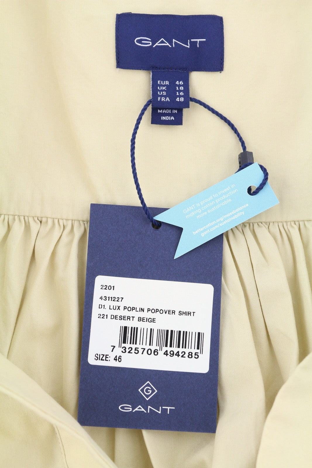 GANT Lux Poplin Popover moteriška palaidinė EU46 dykumos smėlio spalvos V formos iškirpte, 3/4 rankovėmis 