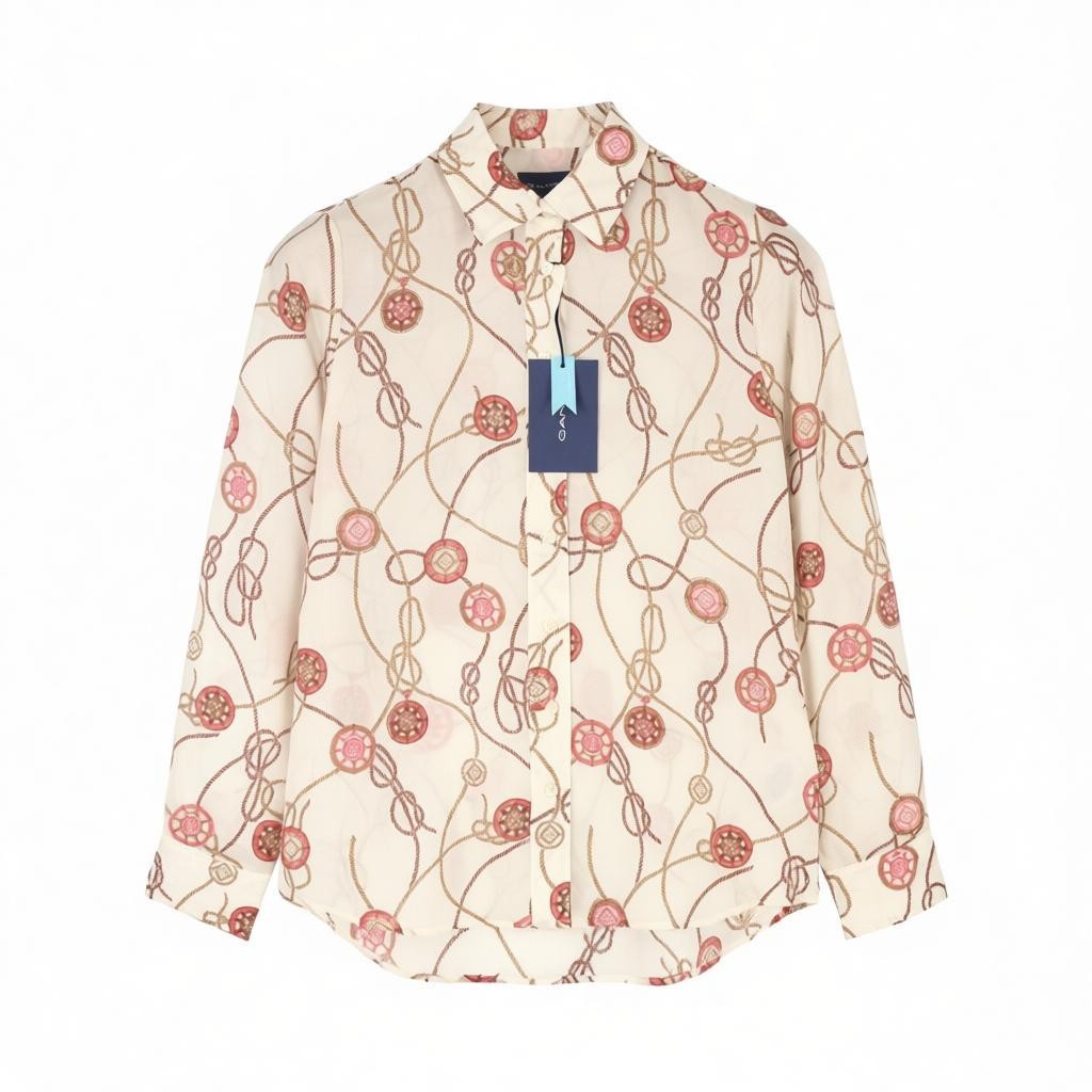 GANT Sailing Print Cot Silk Women Shirt EU34 Caulk White Button-Up Spread Neck