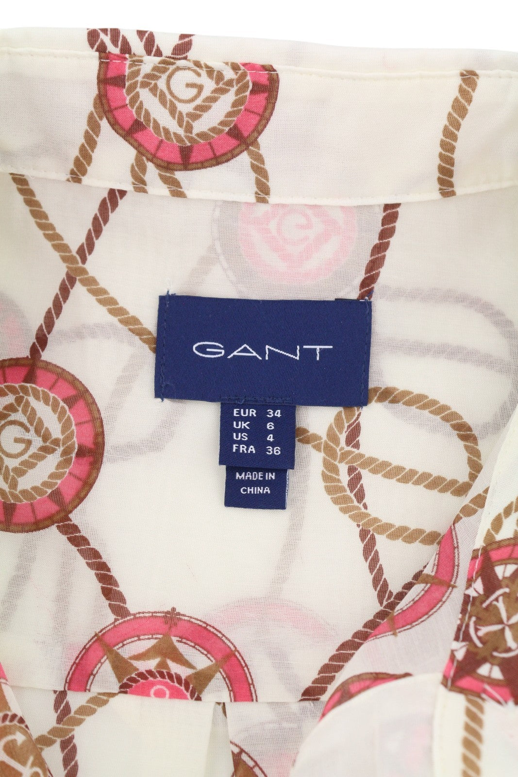 GANT buriavimo rašto šilkinis moteriškas marškinėlis, EU34, baltas, sagomis užsegamas, platėjančia apykakle. 