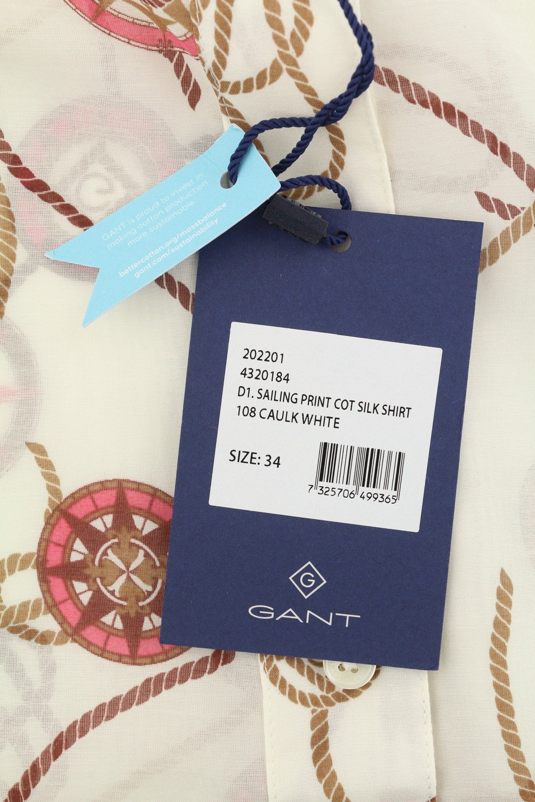 GANT buriavimo rašto šilkinis moteriškas marškinėlis, EU34, baltas, sagomis užsegamas, platėjančia apykakle. 