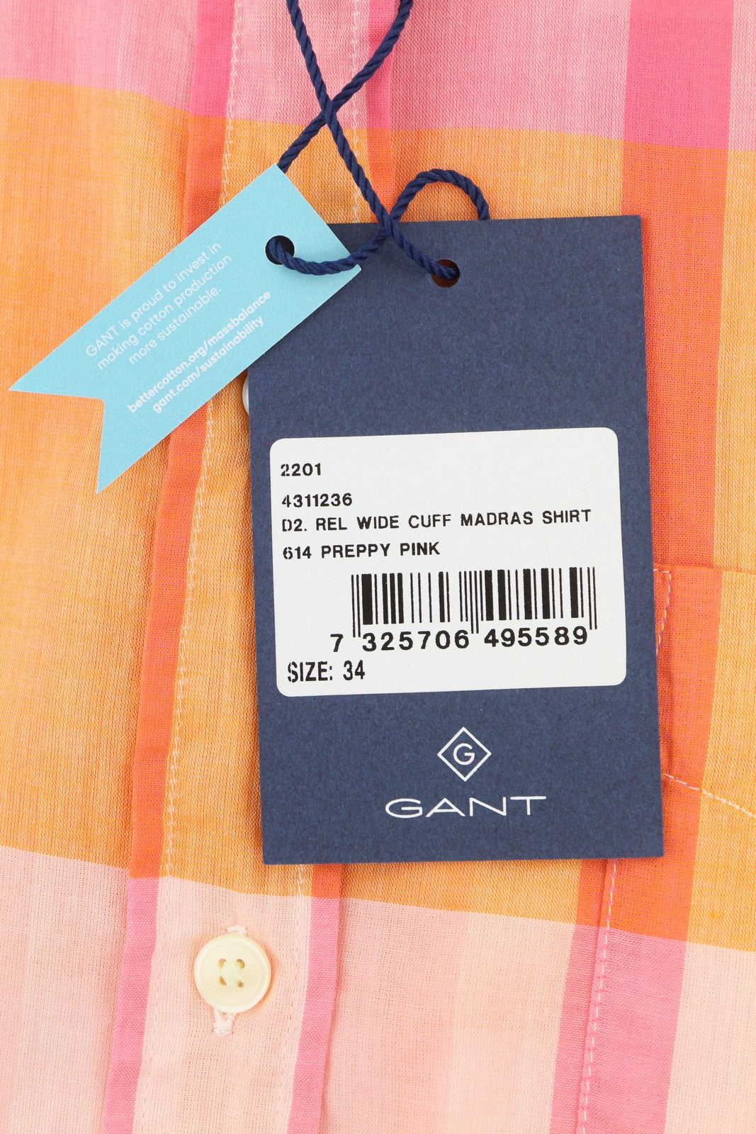 GANT Rel plačiarankoliai Madras moteriški marškinėliai, 34 dydžio, rožiniai, su sagomis žemyn atlenkiama apykakle, laisvalaikio stiliaus 