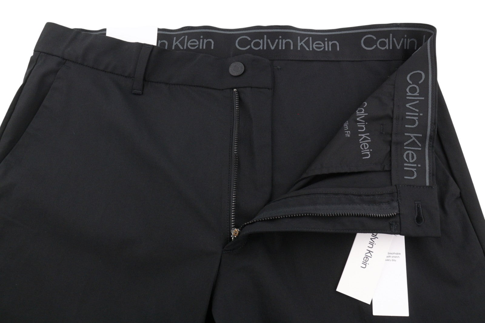 CALVIN KLEIN Tech Cotton Stretch Slim vyriškos kelnės M juodos su užtrauktuku ir logotipu Chino 