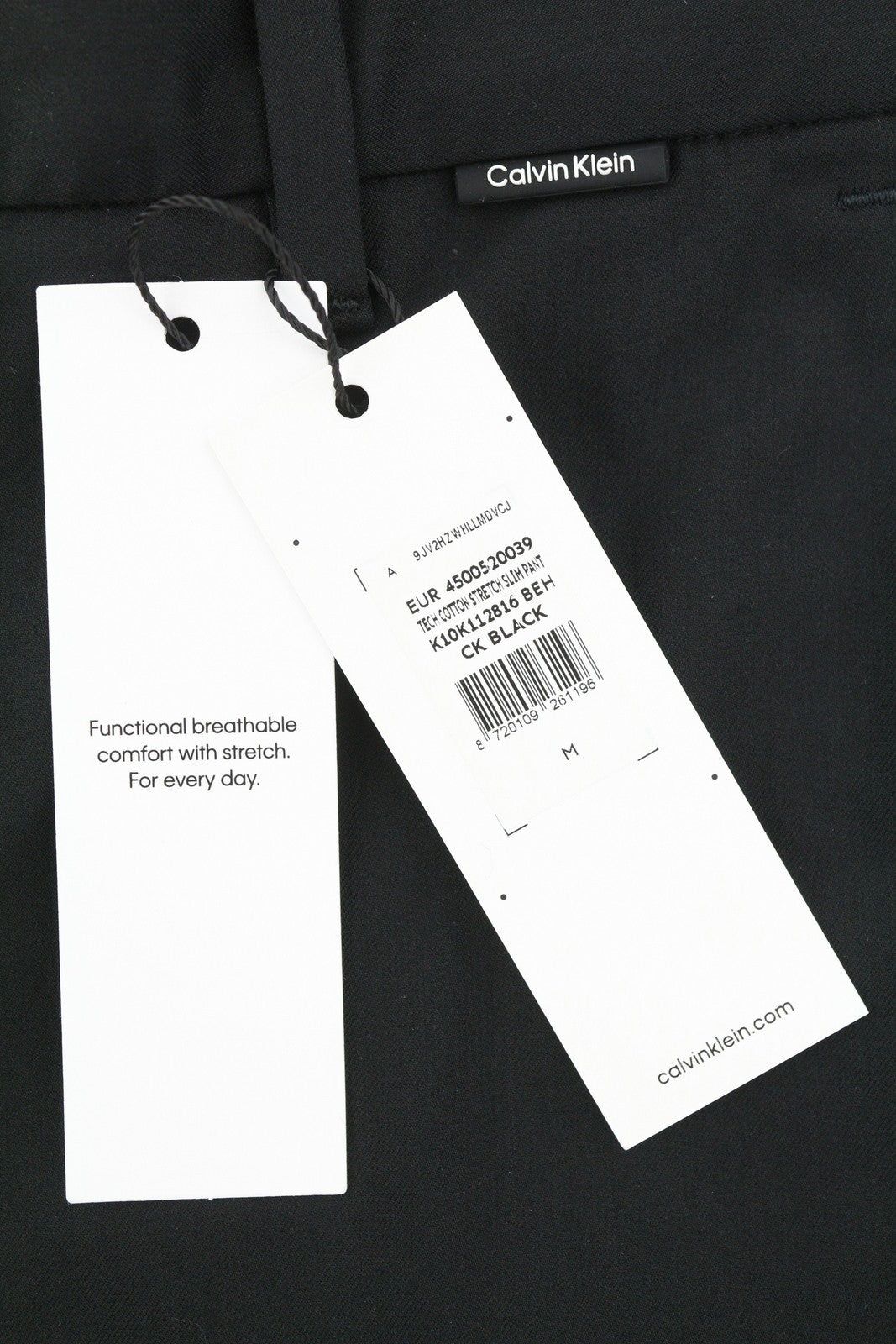 CALVIN KLEIN Tech Cotton Stretch Slim vyriškos kelnės M juodos su užtrauktuku ir logotipu Chino 