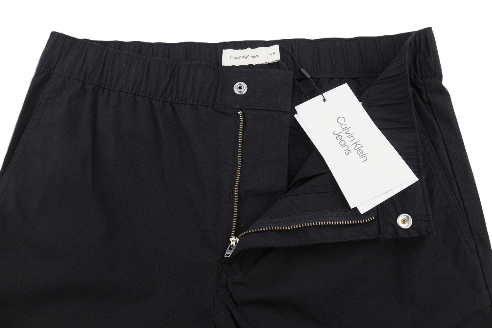 CALVIN KLEIN Men Trousers W32 Black Cargo Elastic Waist Check Patch Pockets