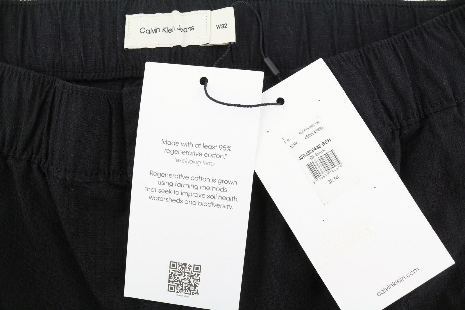 CALVIN KLEIN Men Trousers W32 Black Cargo Elastic Waist Check Patch Pockets